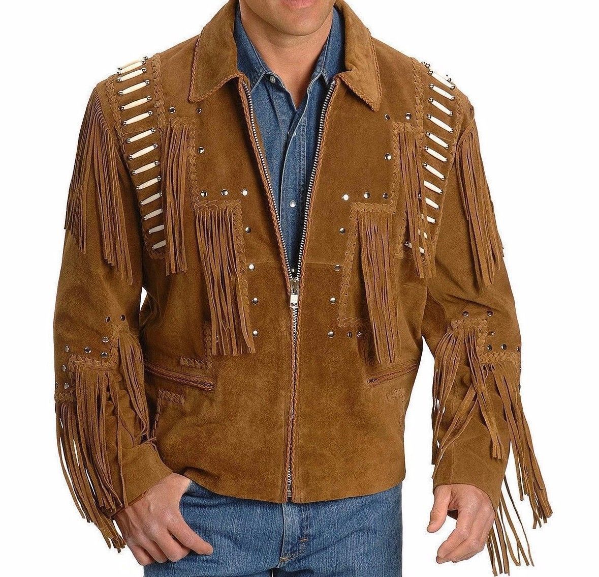 Western Leather Jacket top with Fringes Cowboy Native Americans Beads Suede Leather Jacket with Handmade Beads Batches vintage look Multi Colors