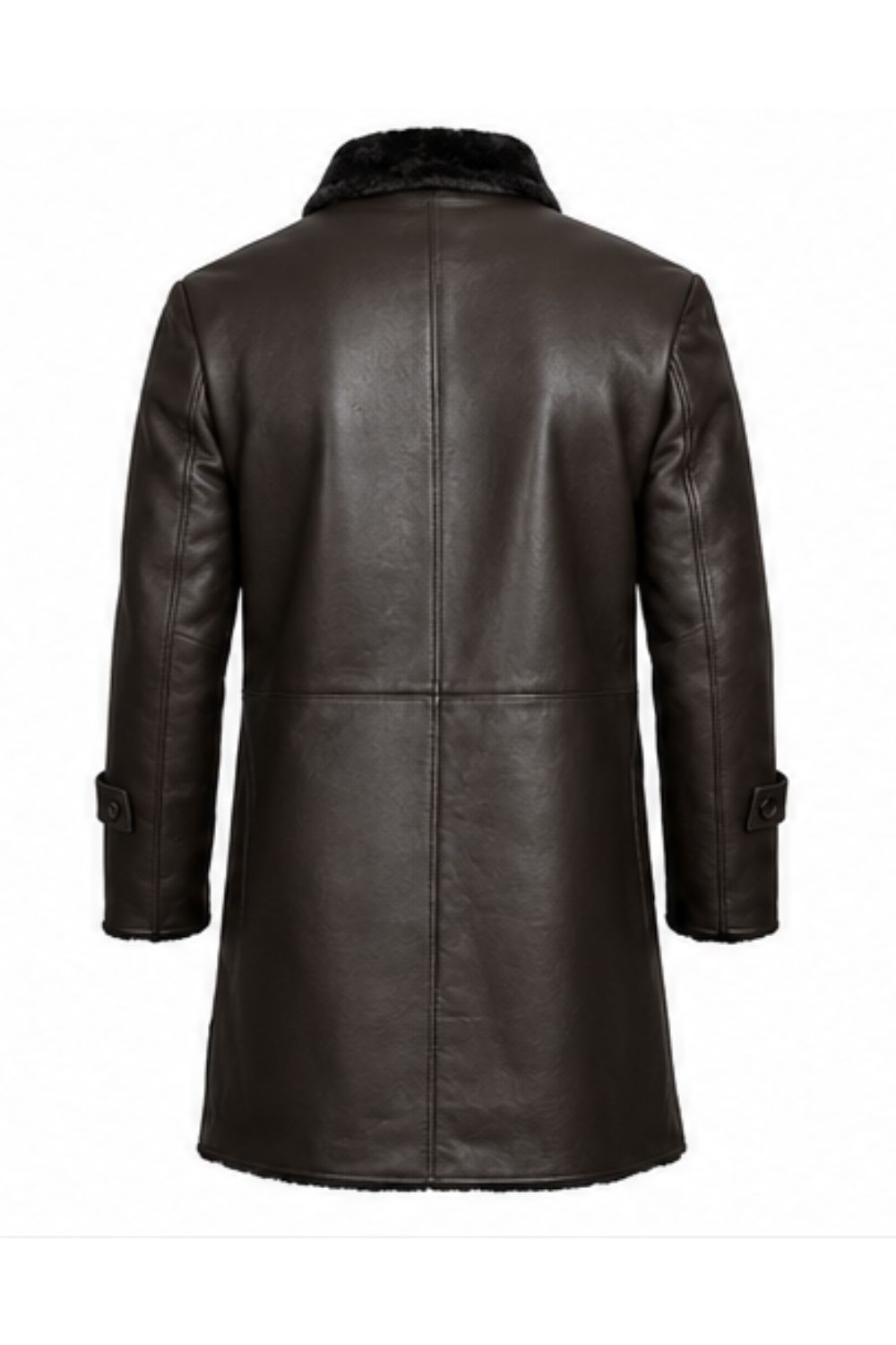 Men’s Premium Black Shearling-Lined Genuine Leather Long Trench Coat with Fur Collar & Button Closure