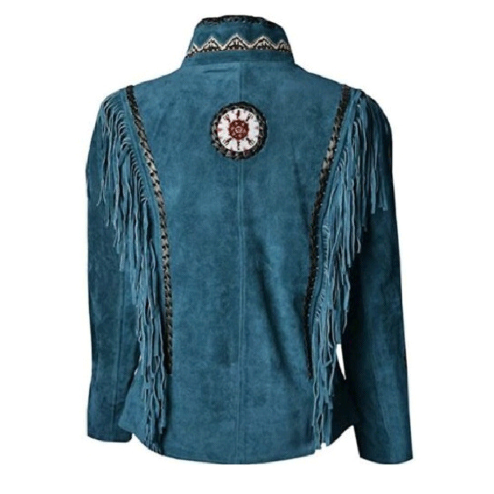 Women American Western Style Blue Suede Leather Jacket Fringe & Beaded Work