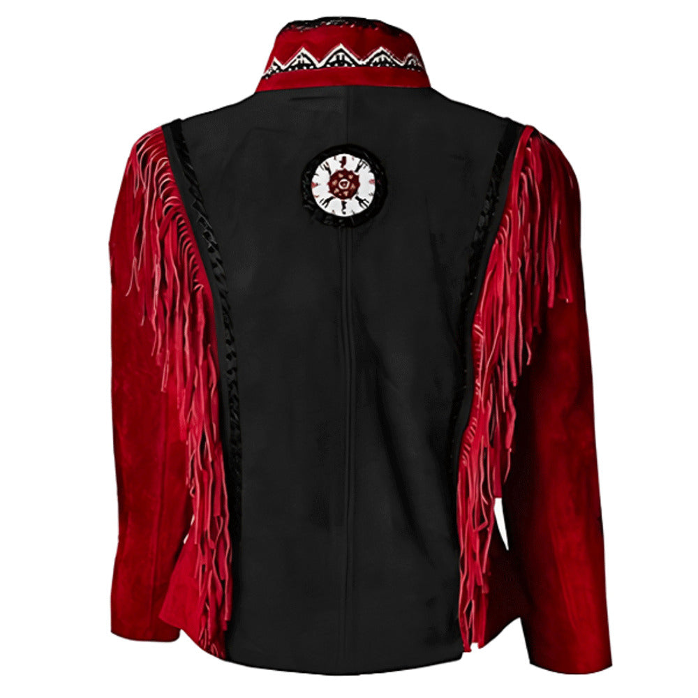 Women’s American Western Black & Red Suede Jacket with Fringe & Embroidered Detailing