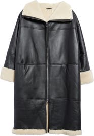 Black Sherpa Leather Long Coat Womens