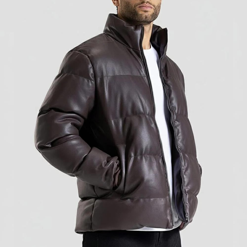 Men’s Dark Brown Puffer Leather Jacket with Stand-Up Collar