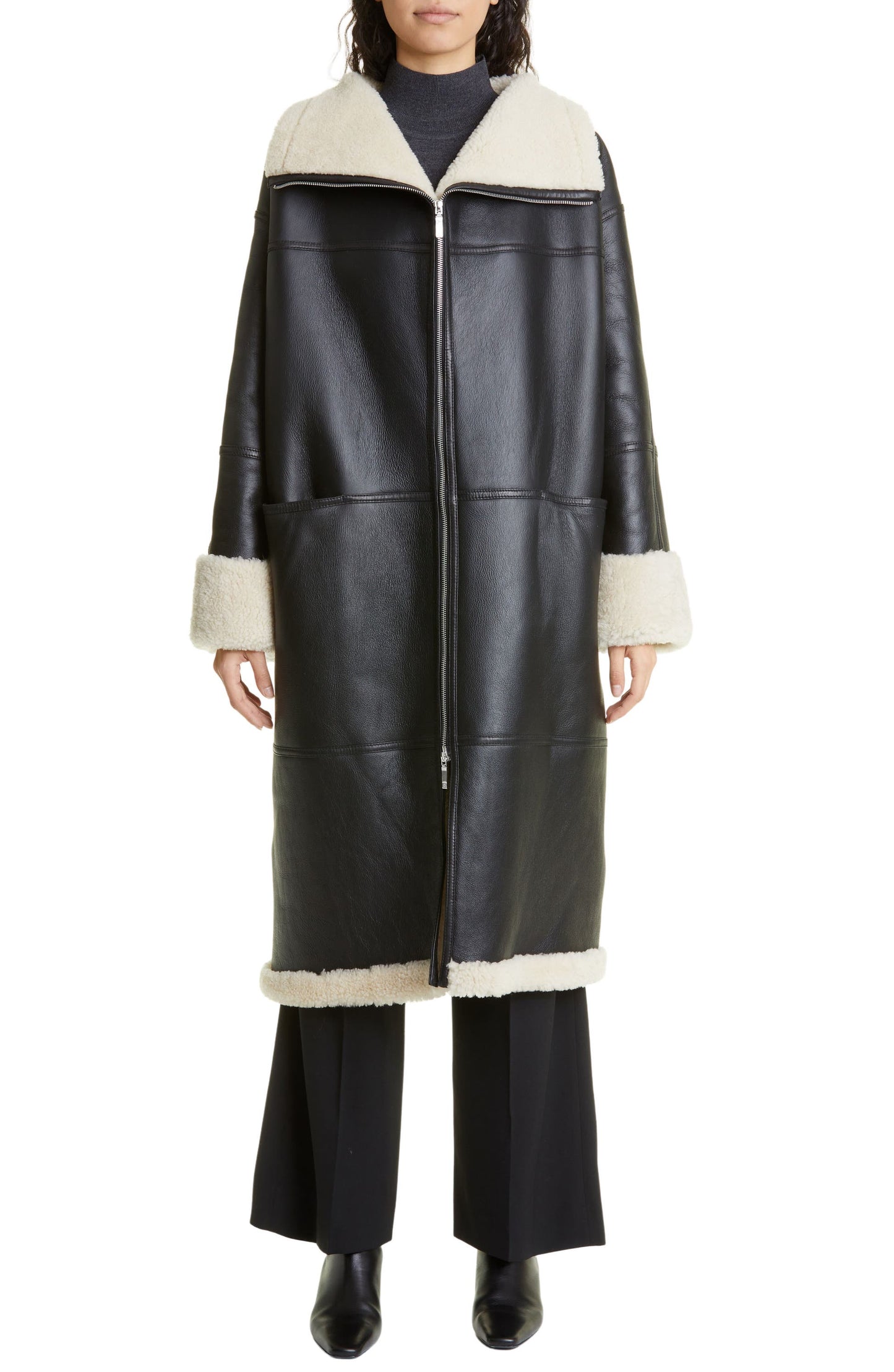 Black Sherpa Leather Long Coat Womens