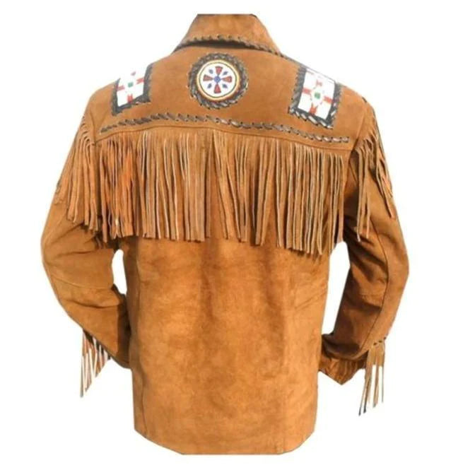 Mens Bone Beads Fringed Tan Suede Western Leather Jacket