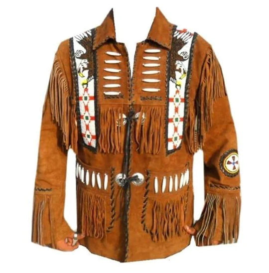 Mens Bone Beads Fringed Tan Suede Western Leather Jacket