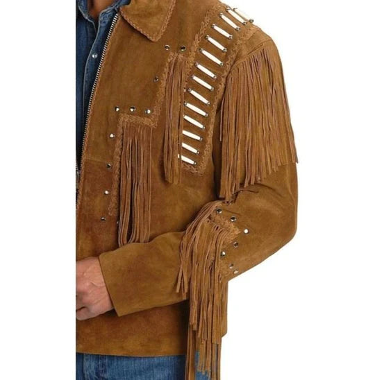 Handmade Mens Brown Suede Fringe Leather Western Jacket