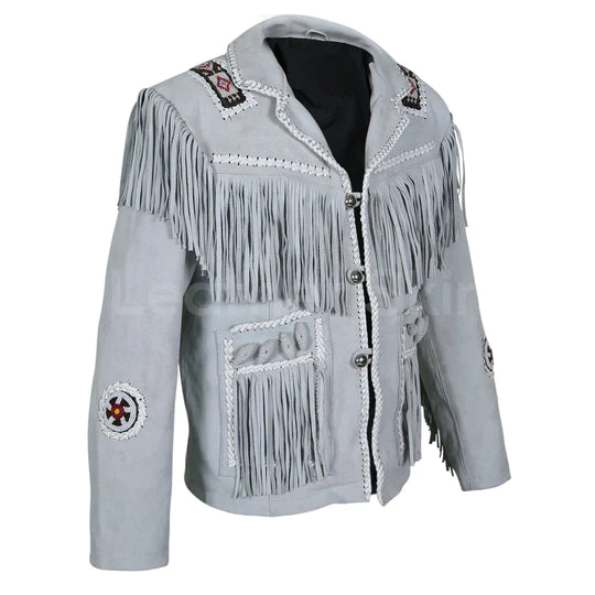 Gray Fringed Western Suede Cowboy Leather Jacket