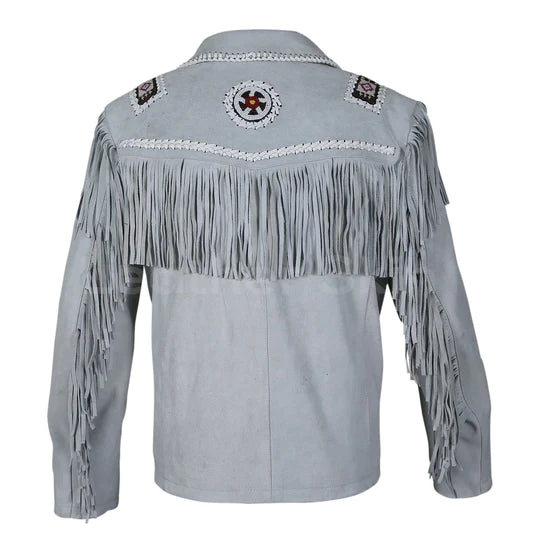 Gray Fringed Western Suede Cowboy Leather Jacket