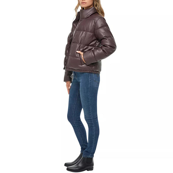 Womens Brown Leather Puffer Jacket
