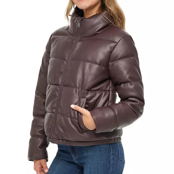 Womens Brown Leather Puffer Jacket