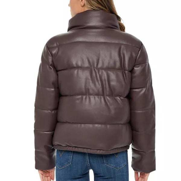 Womens Brown Leather Puffer Jacket