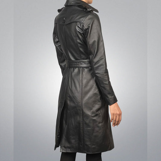 Women's Black Double Breasted Leather Trench Coat with Belt