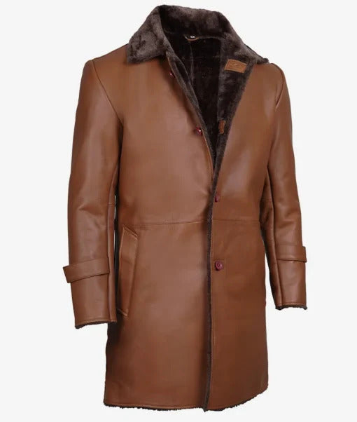 Men’s Brown Shearling-Lined Leather Trench Coat