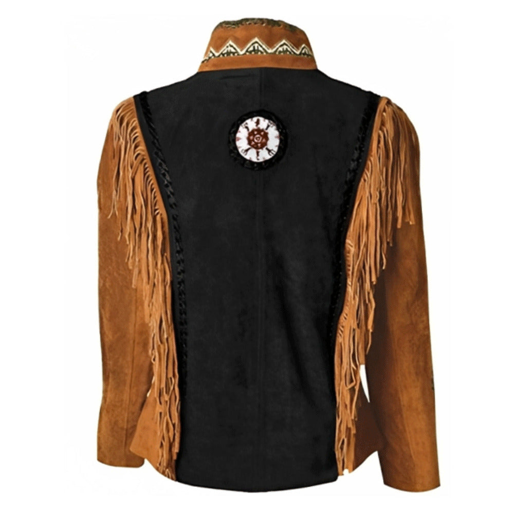 Women’s American Western Brown & Black Suede Jacket with Fringe & Embroidered Detailing