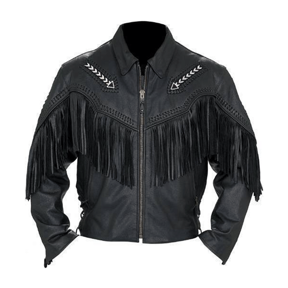 Mens Western Black Leather Fringe Jacket w/ Beaded Arrows