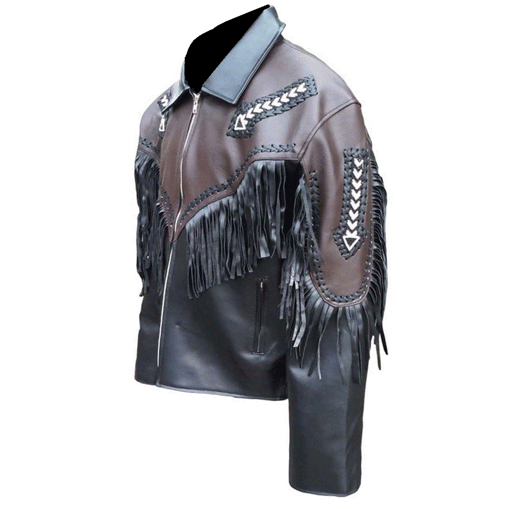 Mens Black Leather Fringe Jacket w/ Beaded Arrows
