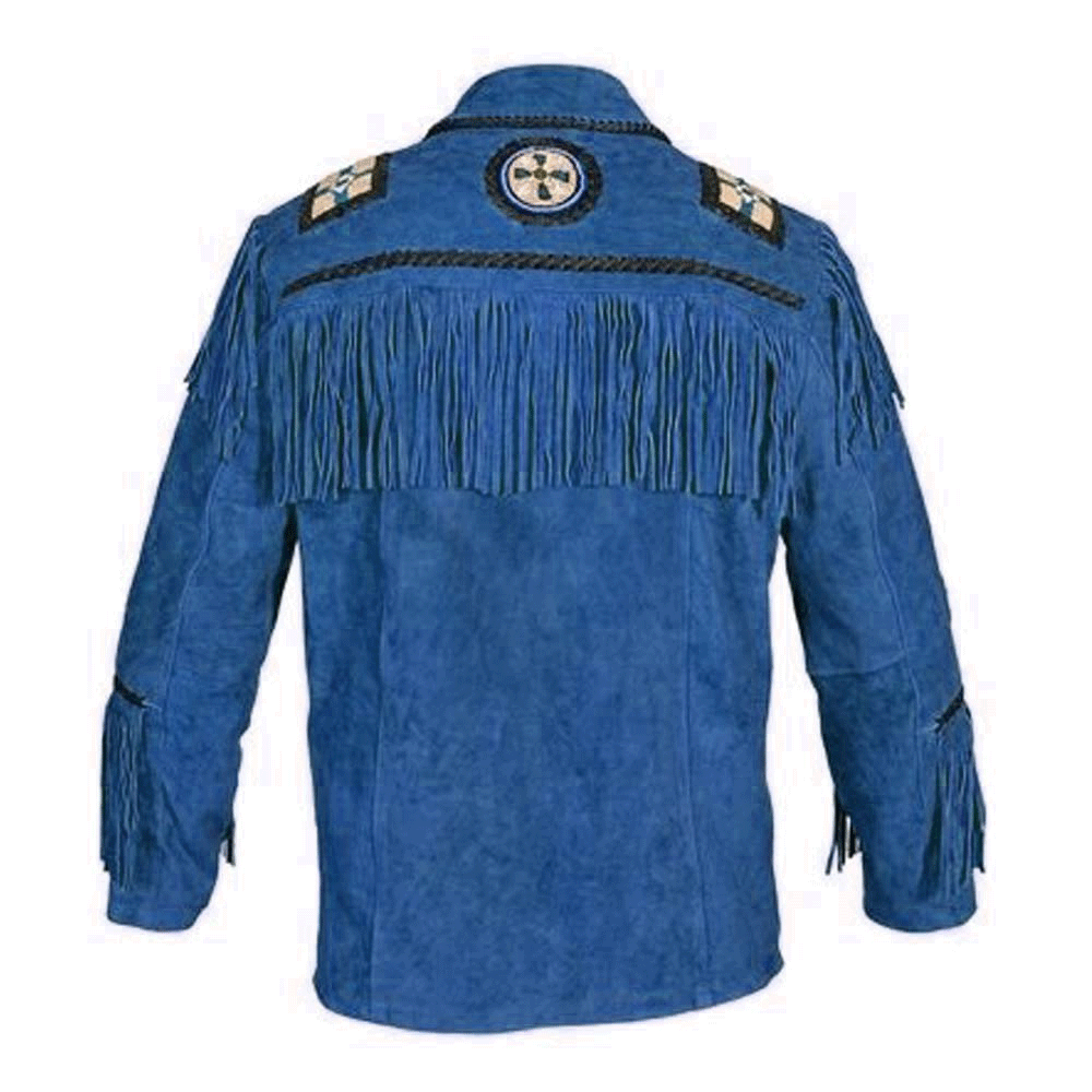 Mens Blue Suede Leather Fringe Western Jacket