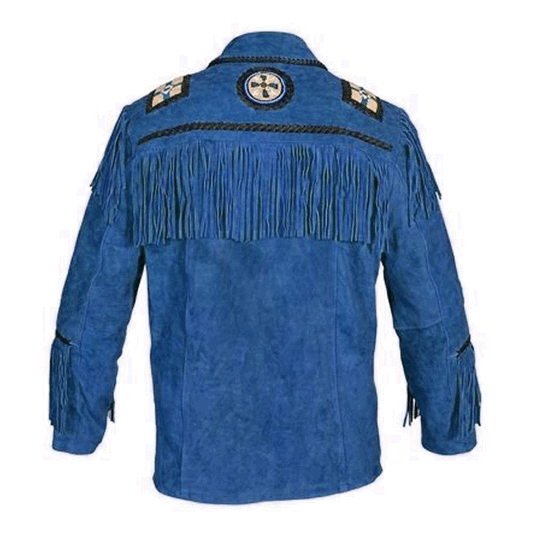 Mens Blue Suede Leather Fringe Western Jacket