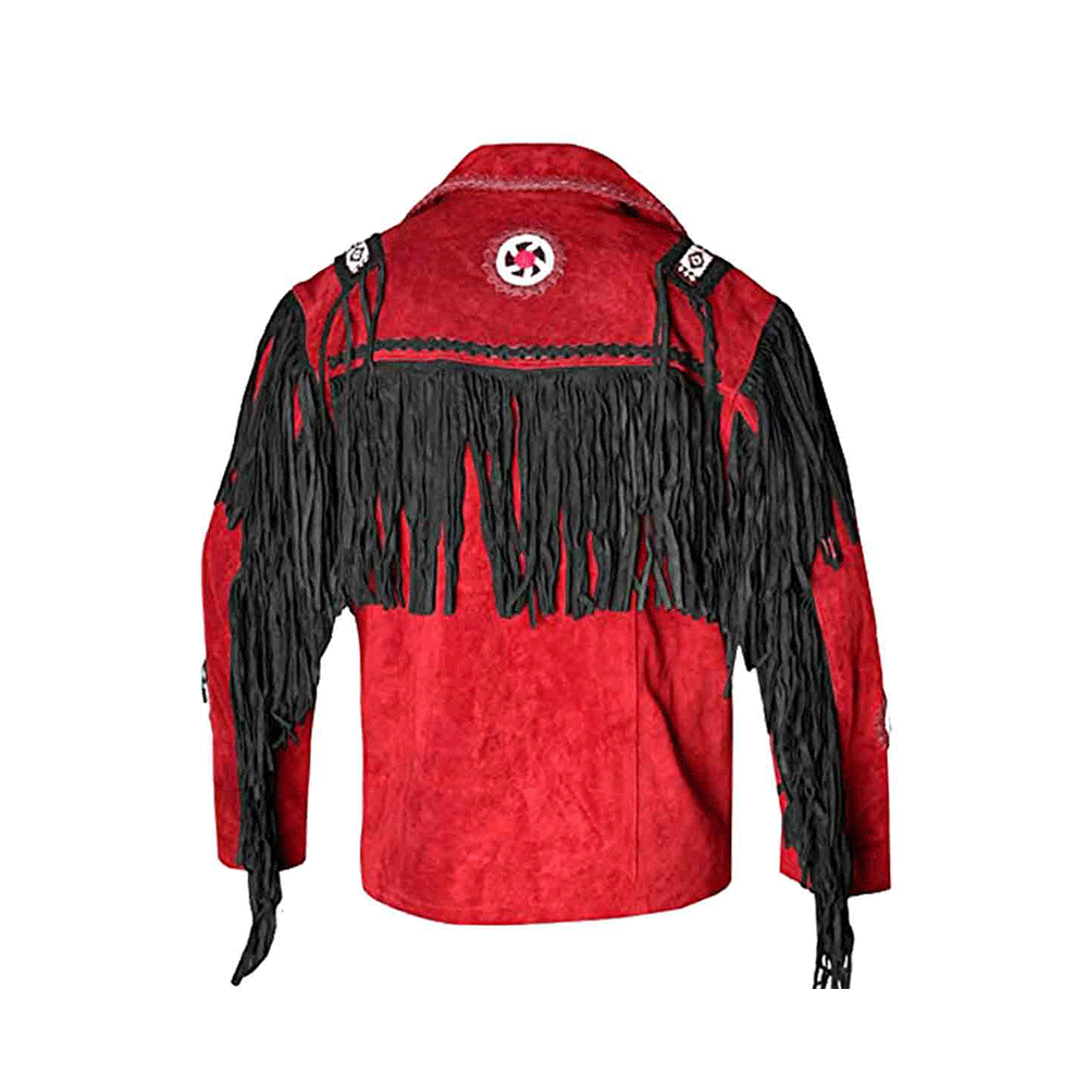 Mens Red Suede Leather Beaded Fringe Leather Jacket