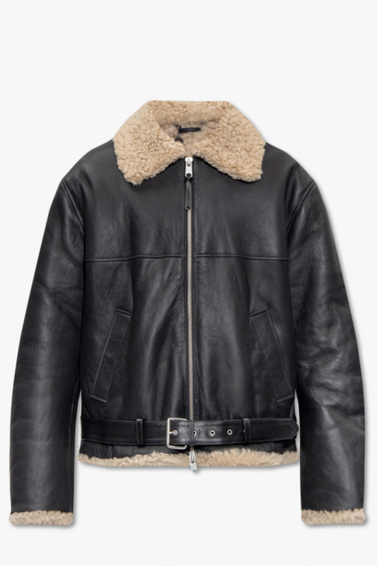 Shearling Lined Black Aviator Flight Jacket