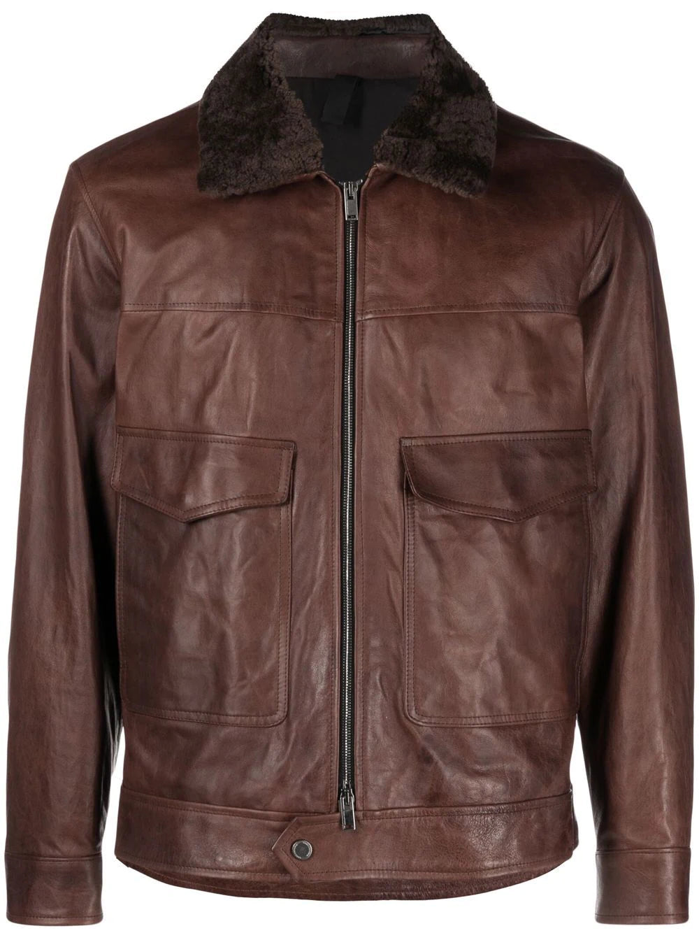 Shearling Collar Brown Leather Trucker Jacket