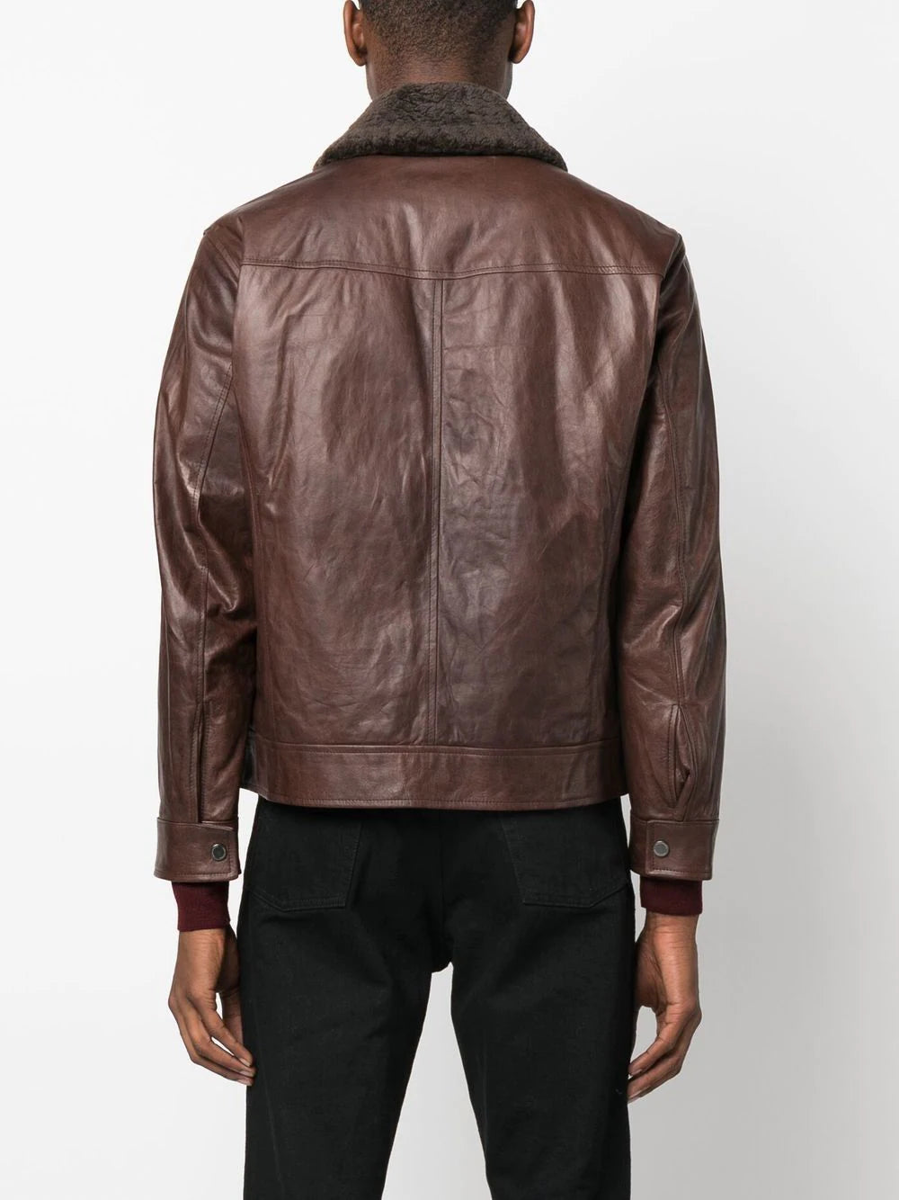 Shearling Collar Brown Leather Trucker Jacket