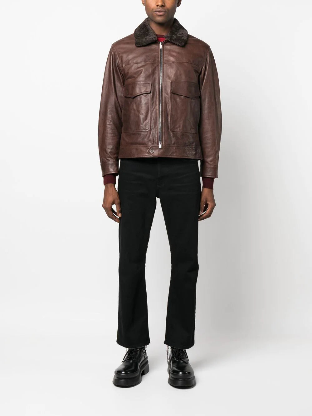 Shearling Collar Brown Leather Trucker Jacket