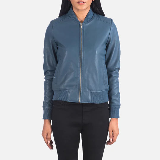 Bomber Blue Leather Jacket Womens