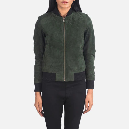 Green Suede Bomber Jacket Women's