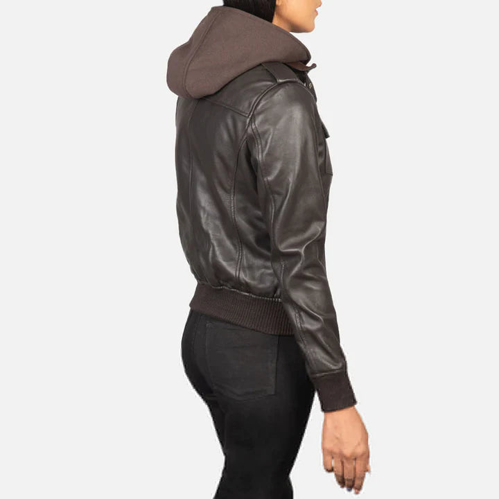 Brown Women Hooded Leather Jacket