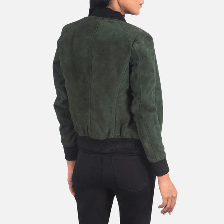 Green Suede Bomber Jacket Women's