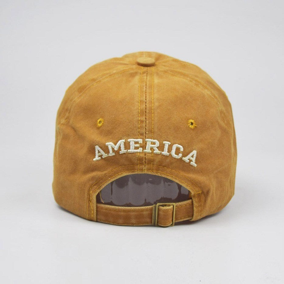 USA Flag Embroidered Cotton Soft Baseball Style Cap - Tan