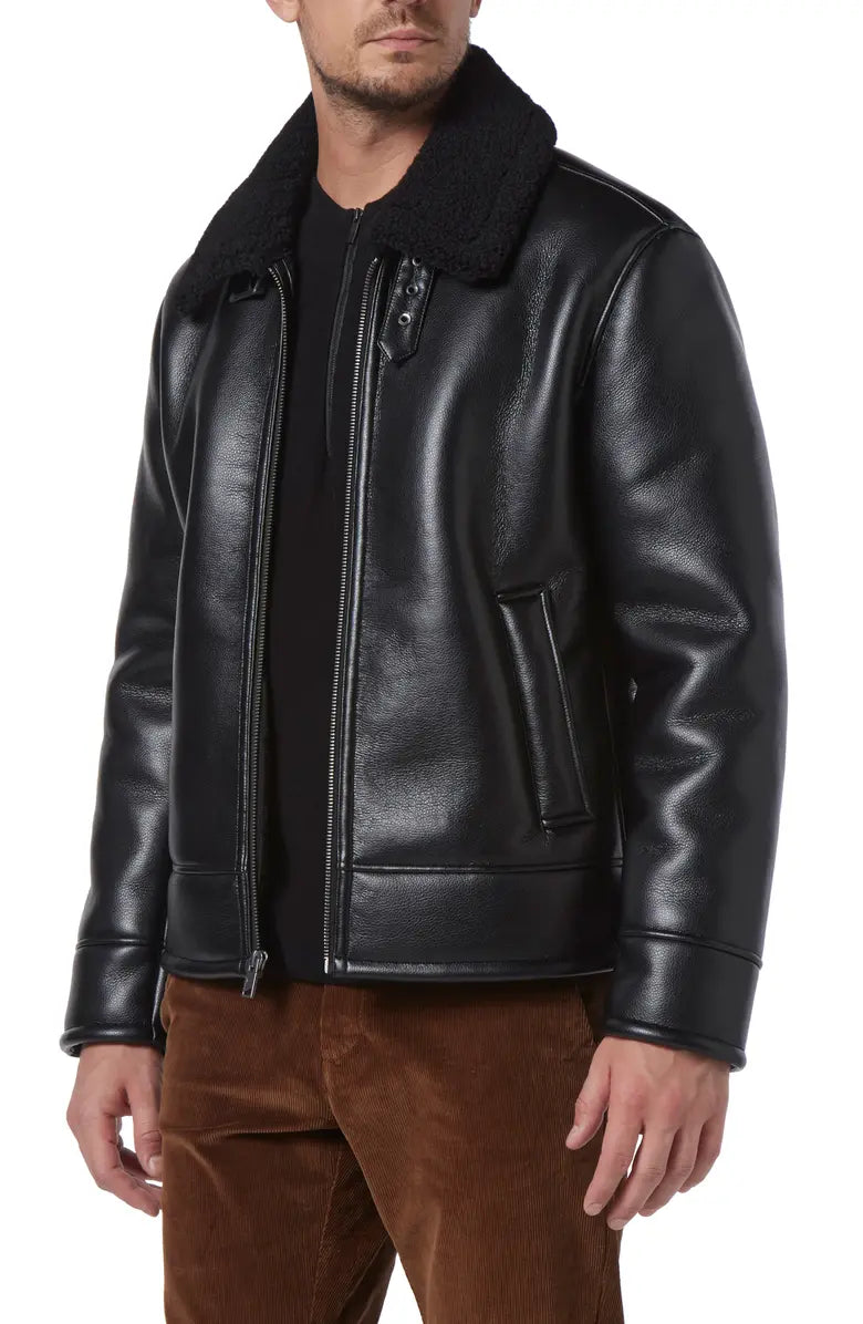 Shearling Collar Black Leather Pilot Jacket