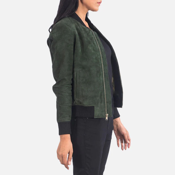 Green Suede Bomber Jacket Women's