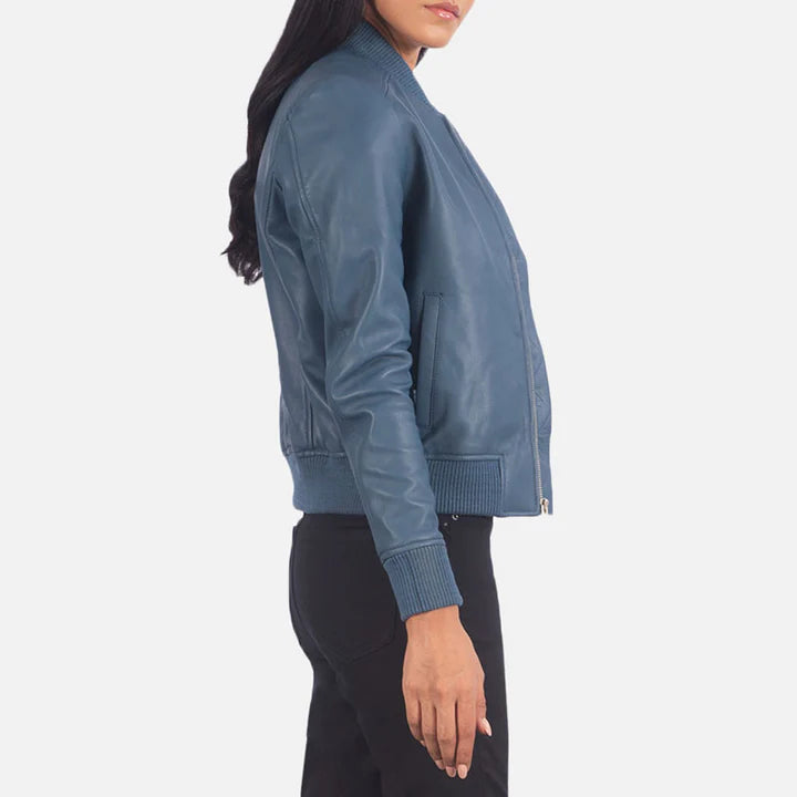 Bomber Blue Leather Jacket Womens