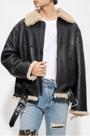 Shearling Lined Black Aviator Flight Jacket