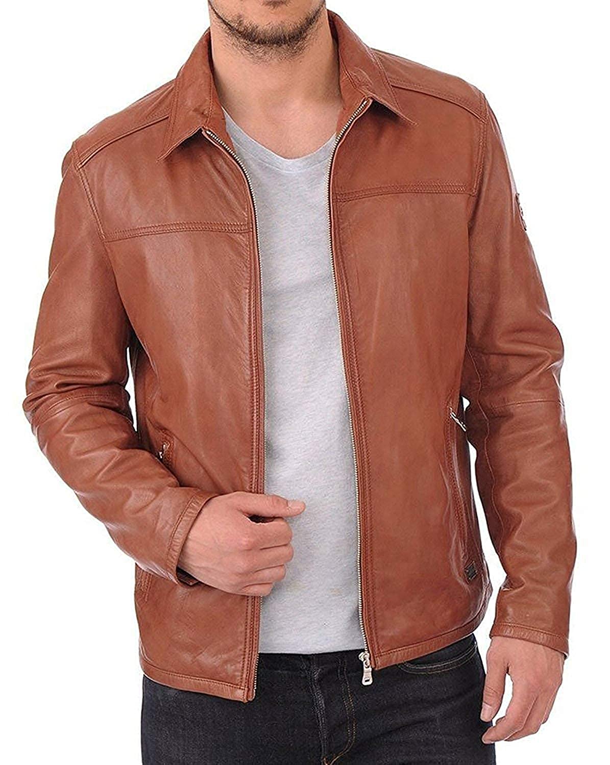 Men's Genuine Leather Solid Biker Style Casual Jacket
