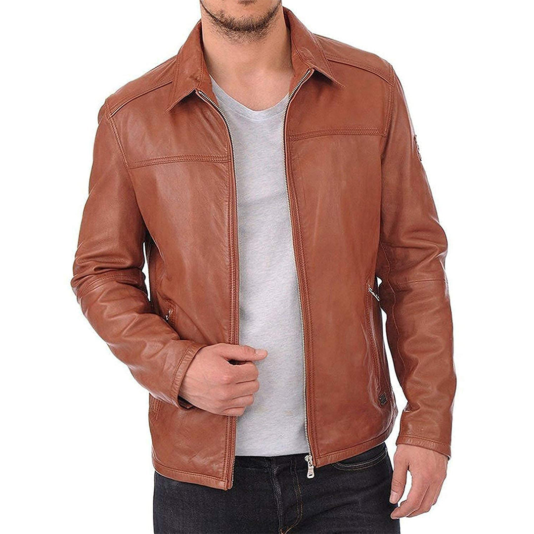 Men's Genuine Leather Solid Biker Style Casual Jacket