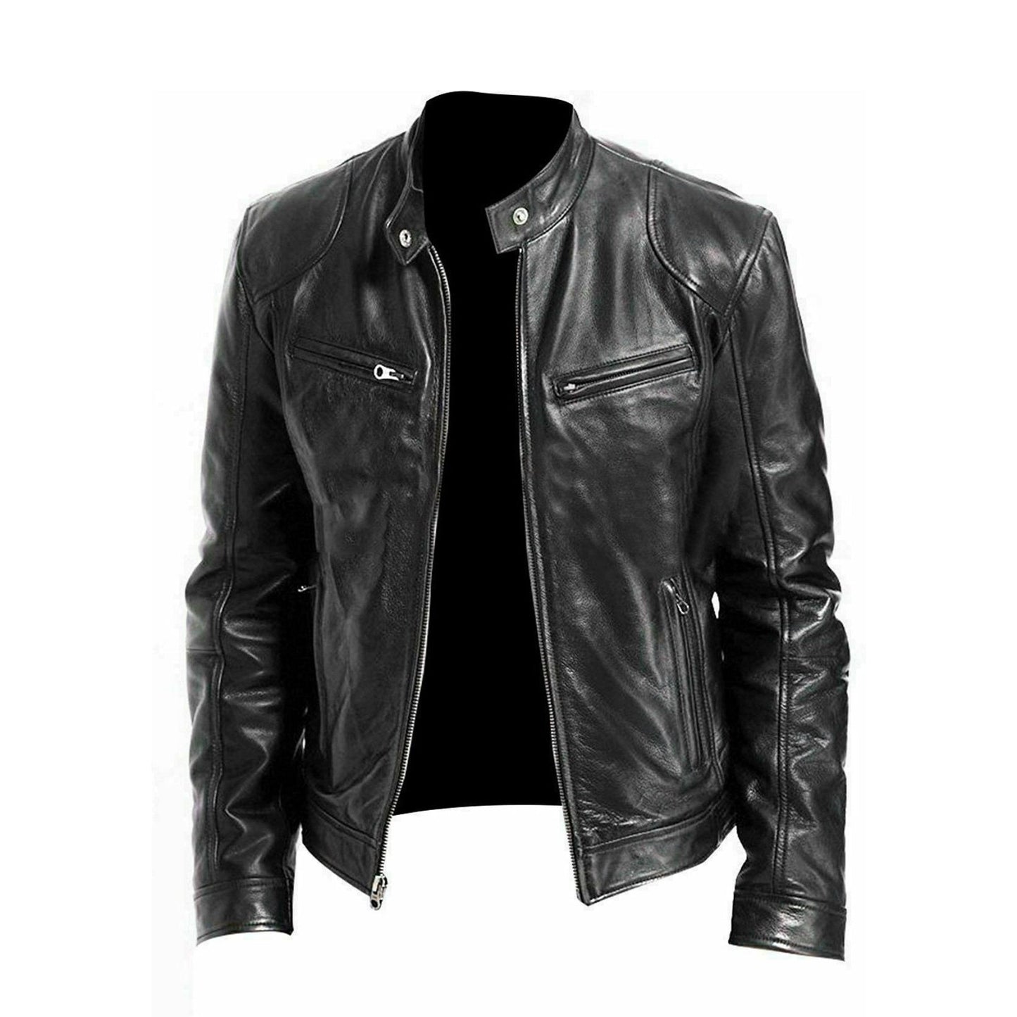 Men's Genuine Leather Black Motorcycle Cafe Racer Jacket