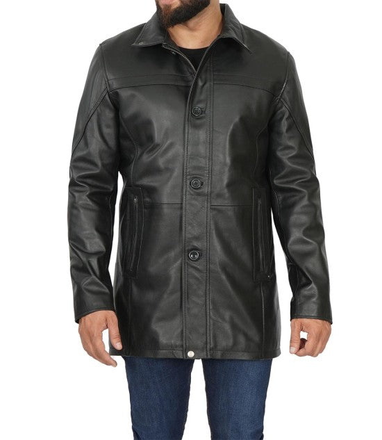 Black Lambskin Mens Leather Car Coat