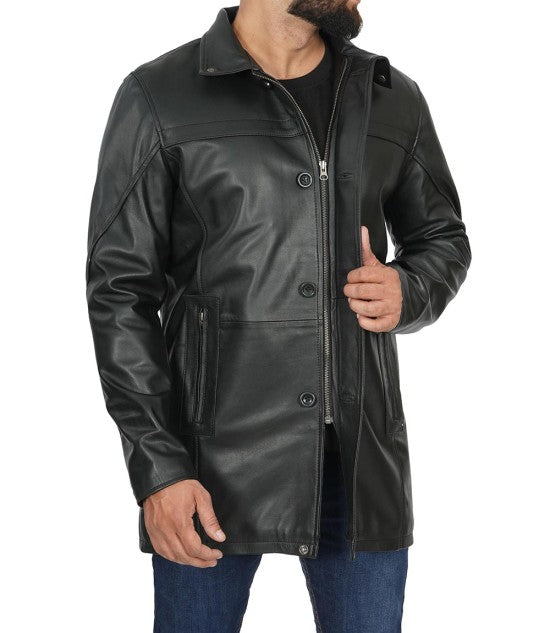 Black Lambskin Mens Leather Car Coat