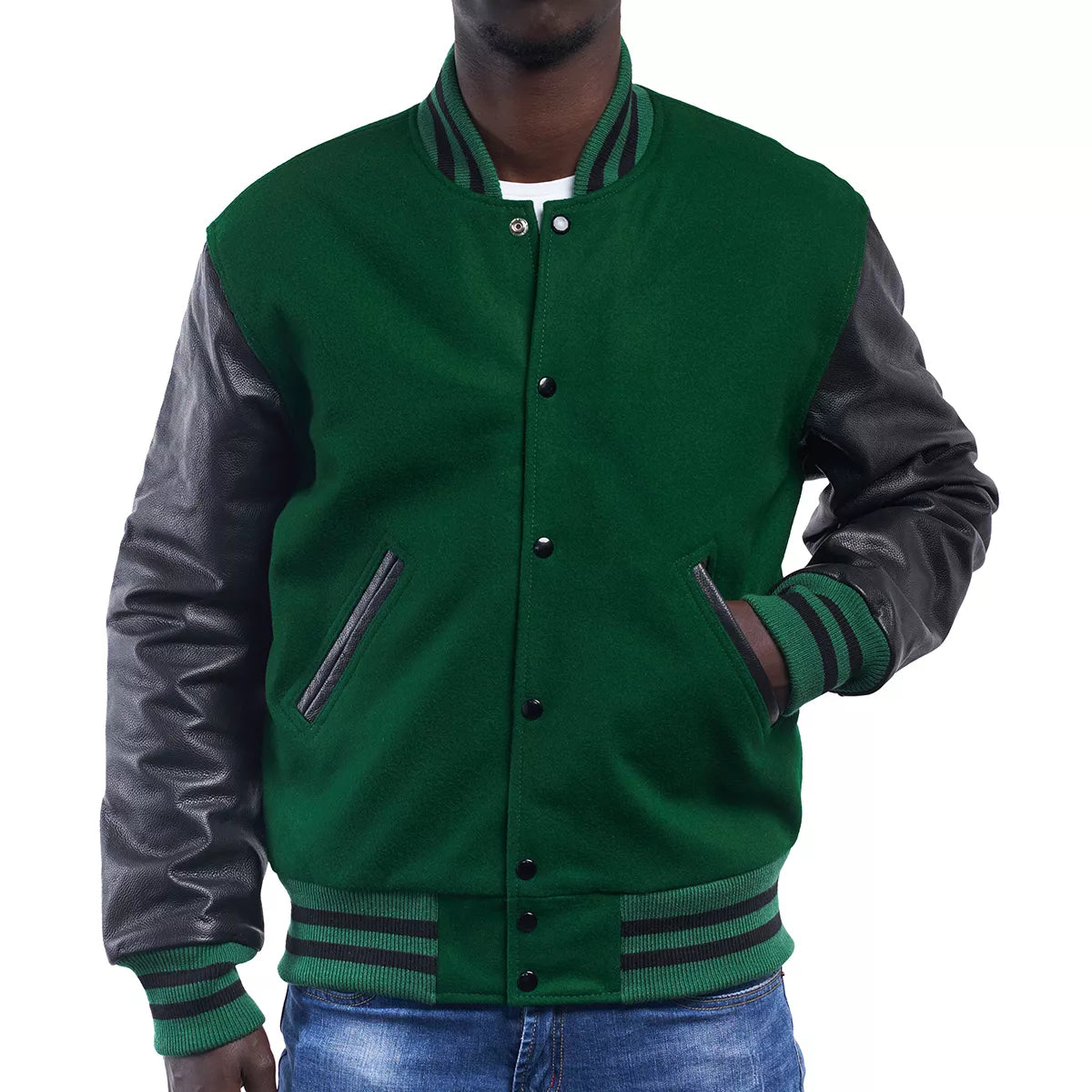 Men's Varsity Jacket Letterman with Leather Sleeves Green