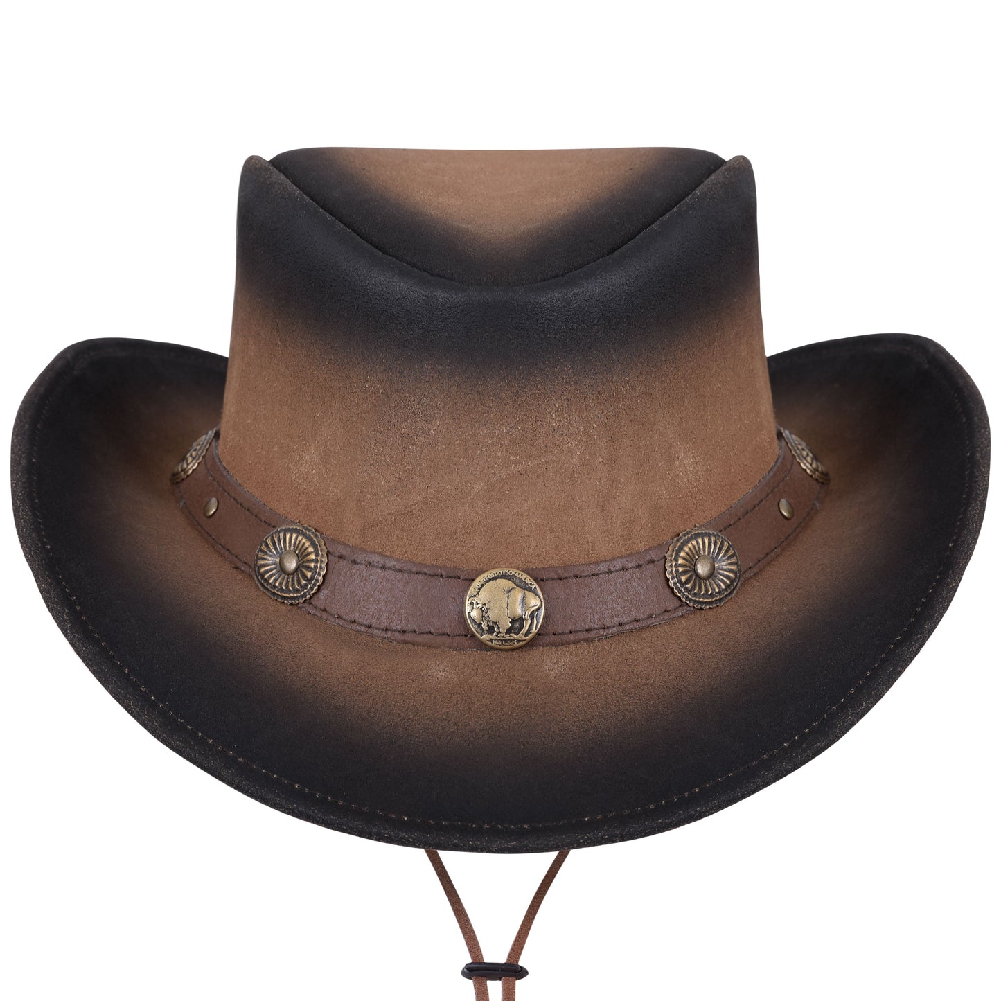 Leather Wester Hat Dual Tone Large Brim Genuine Leather With Buffalo Nickel Band