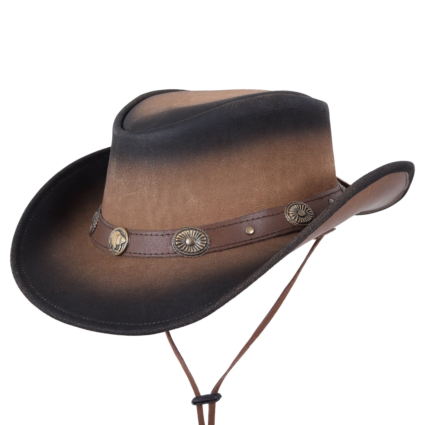 Leather Wester Hat Dual Tone Large Brim Genuine Leather With Buffalo Nickel Band