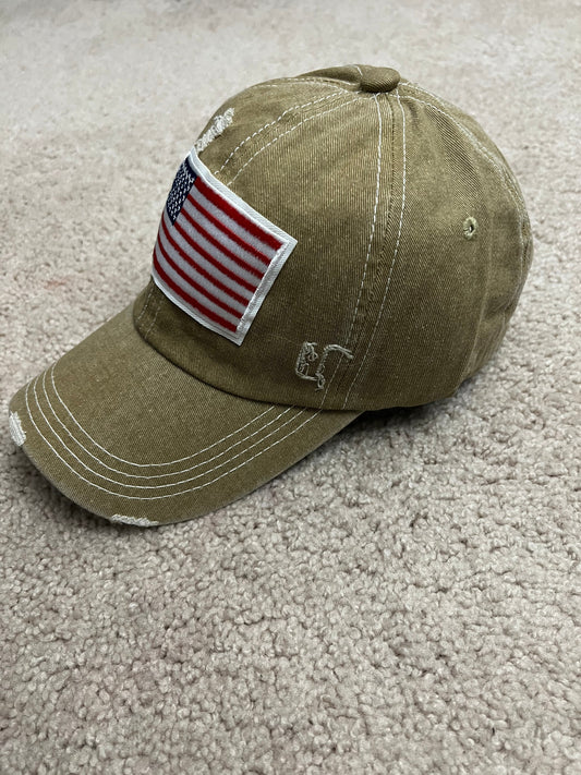 Khaki Distressed Denim Baseball Style Cap American Flag Hat