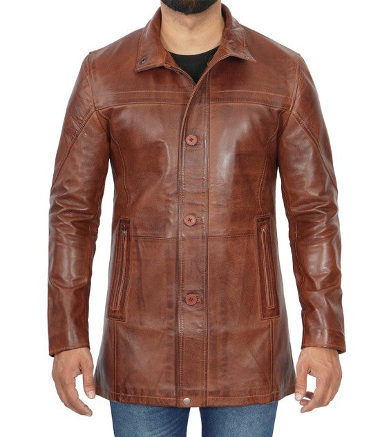 3/4 Length Distressed Mens Brown Leather Car Coat