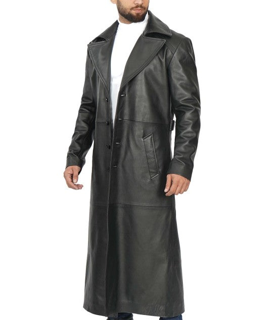 Men's Classic Black Leather Duster Coat