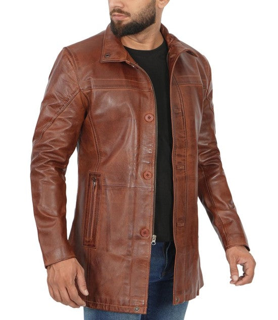 3/4 Length Distressed Mens Brown Leather Car Coat