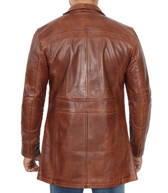 3/4 Length Distressed Mens Brown Leather Car Coat