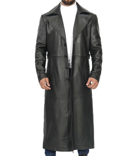 Men's Classic Black Leather Duster Coat